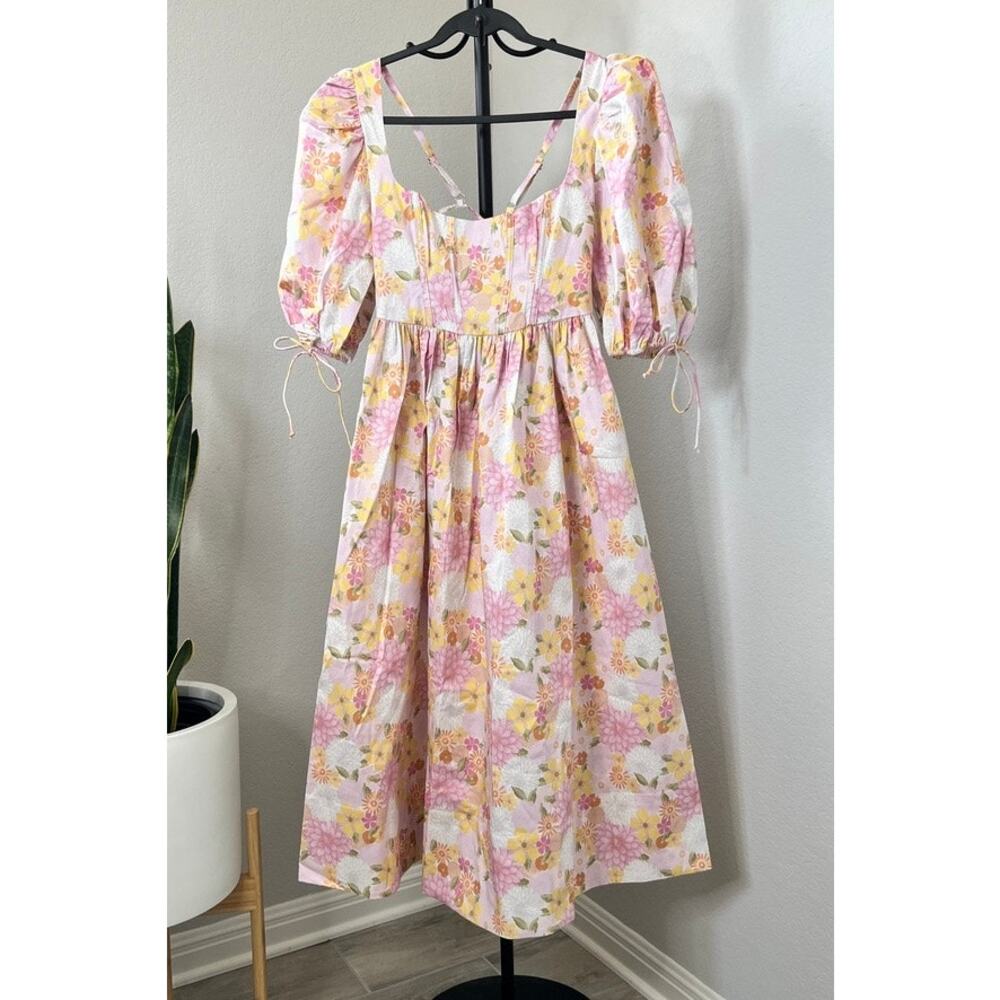 Stunning For Love & Lemons Floral Corset Cutout Tie Back Midi Dress Size S